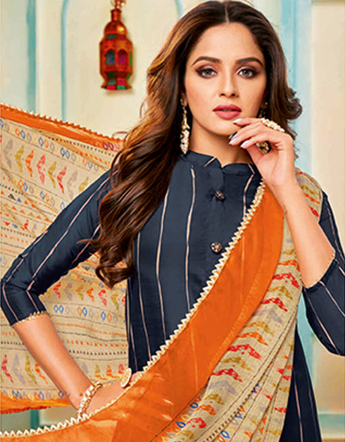 Navy Blue Chanderi Cotton Chudidar Salwar Suits Closure View