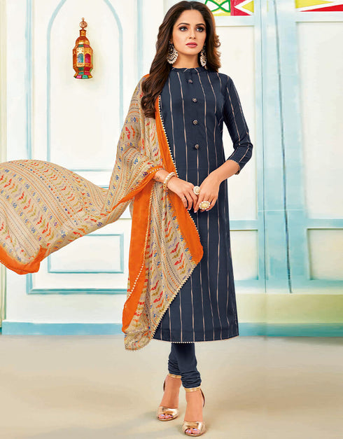 Navy Blue Chanderi Cotton Chudidar Salwar Suits