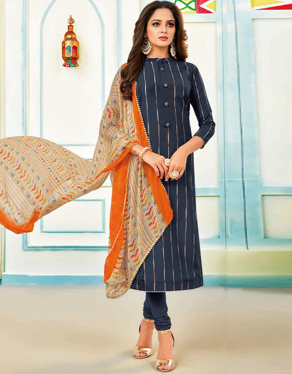 Navy Blue Chanderi Cotton Chudidar Salwar Suits