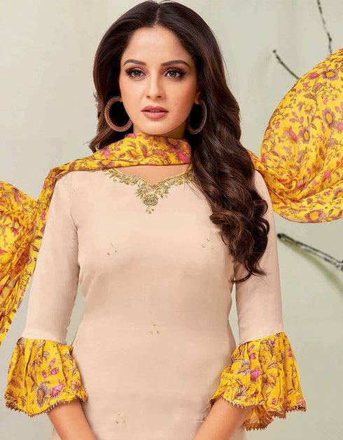 Cream Chanderi Cotton Chudidar Salwar Suits Closure View