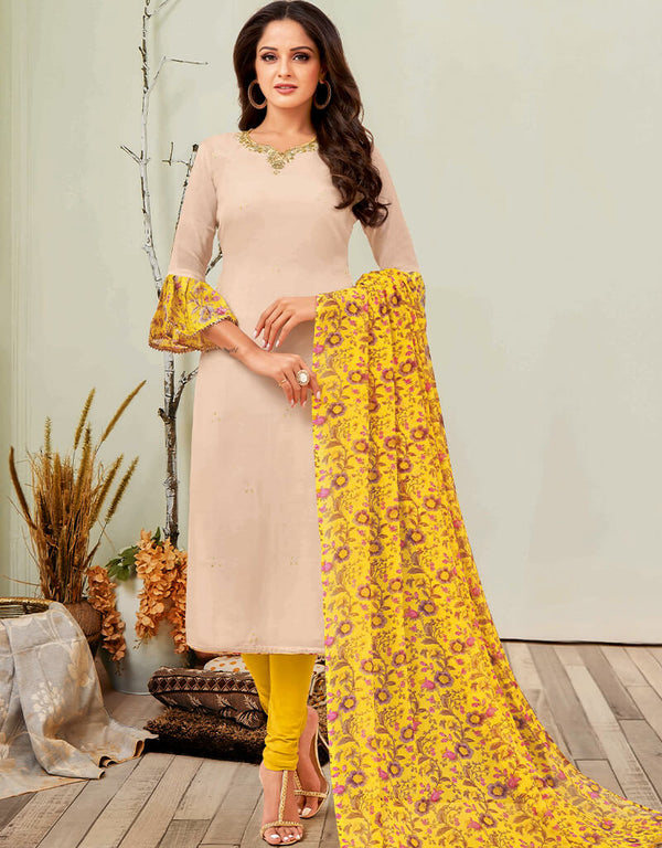 Cream Chanderi Cotton Chudidar Salwar Suits