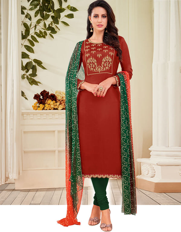 Rust Chanderi Cotton Chudidar Salwar Suits