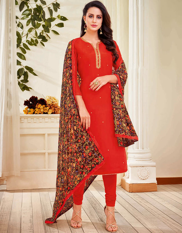 Red Chanderi Cotton Chudidar Salwar Suits
