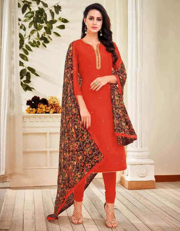 Red Chanderi Cotton Pant Salwar Kameez