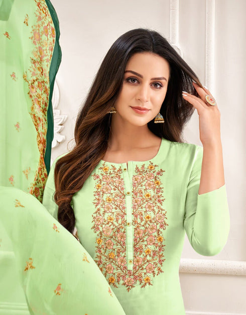 Light Green Chanderi Cotton Pant Dress Closure View