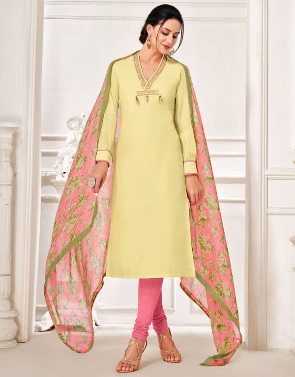 Light Yellow Chanderi Cotton Pant Dress