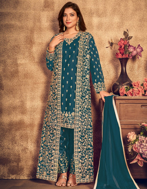 Royal Blue Pant style Suit Soft Net Salwar Kameez in Embroidery, Stone & Lace Work