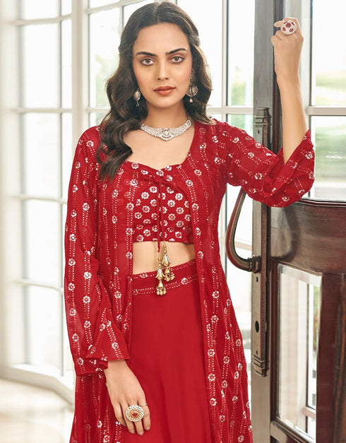 Red Sharara style Suit Semi-Stitched Suits Salwar Kameez in Embroidery, Sequins & Lace Work Closure View