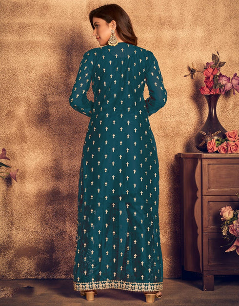 Royal Blue Pant style Suit Soft Net Salwar Kameez in Embroidery, Stone & Lace Work Closure View