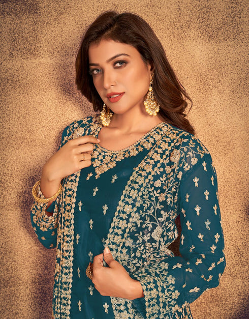 Royal Blue Pant style Suit Soft Net Salwar Kameez in Embroidery, Stone & Lace Work Closure View Embroidery