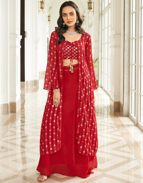 Red Sharara style Suit Semi-Stitched Suits Salwar Kameez in Embroidery, Sequins & Lace Work