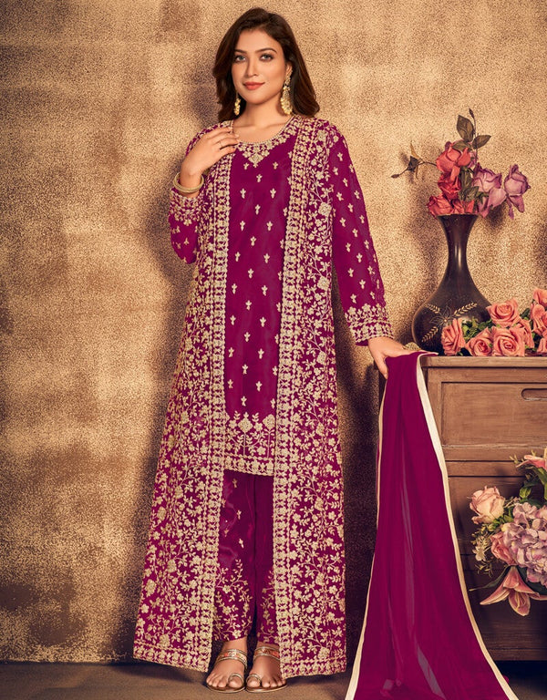Purple Pant style Suit Soft Net Salwar Kameez in Embroidery, Stone & Lace Work