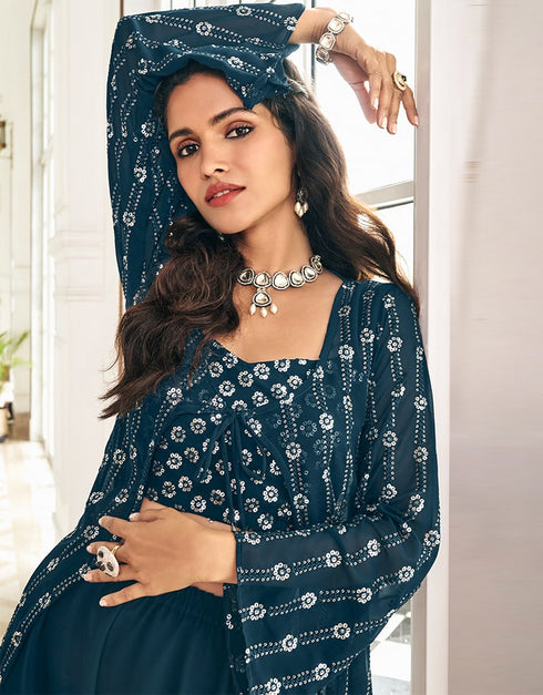 Teal Sharara style Suit Semi-Stitched Suits Salwar Kameez in Embroidery, Sequins & Lace Work Closure View Embroidery