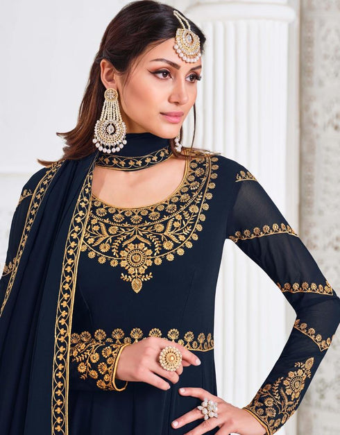 Royal Blue Myanmar Georgette Pant Anarkali Closure View