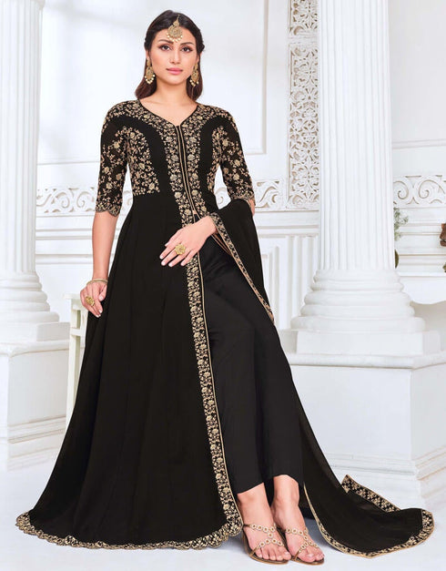 Black Myanmar Georgette Pant Anarkali Closure View