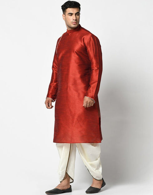 Maroon Kurta Dupion Silk Dhoti Closure View