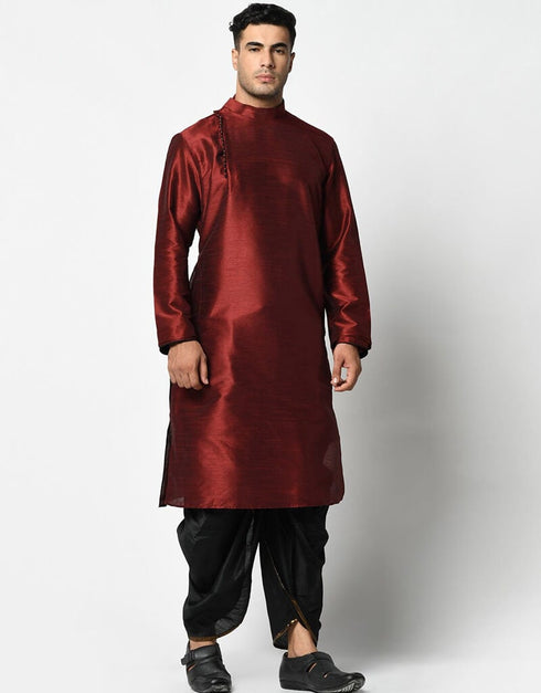 Maroon Kurta Dupion Silk Dhoti Closure View