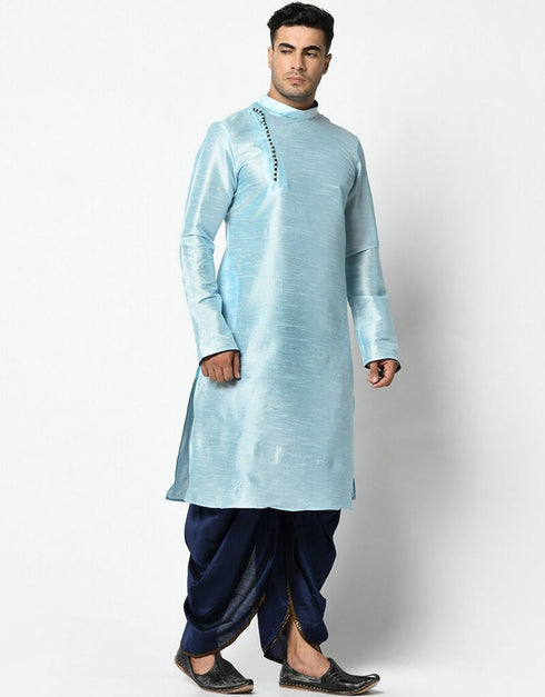 Sky Blue Kurta Dupion Silk Dhoti Closure View