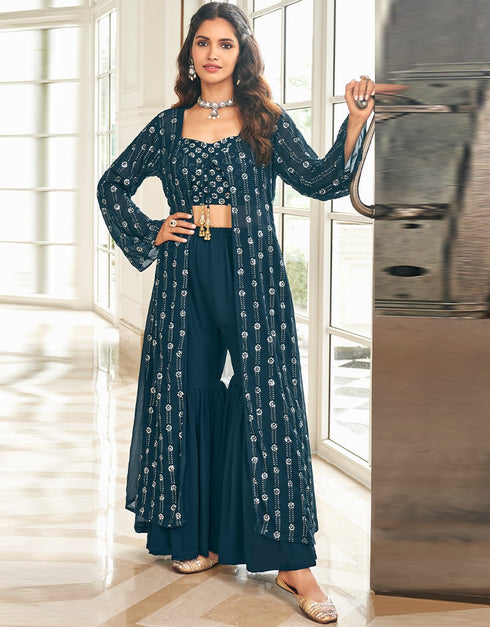 Teal Sharara style Suit Semi-Stitched Suits Salwar Kameez in Embroidery, Sequins & Lace Work