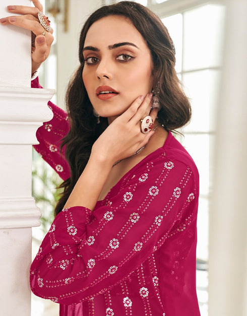 Pink Sharara style Suit Semi-Stitched Suits Salwar Kameez in Embroidery, Sequins & Lace Work Closure View Embroidery