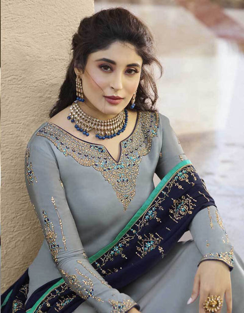 Grey Satin Georgette Lehenga Salwar Suits Back View