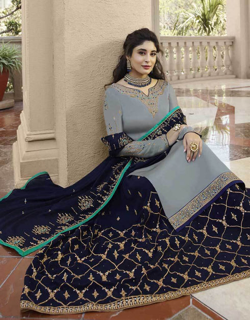 Grey Satin Georgette Lehenga Salwar Suits Salwar Kameez