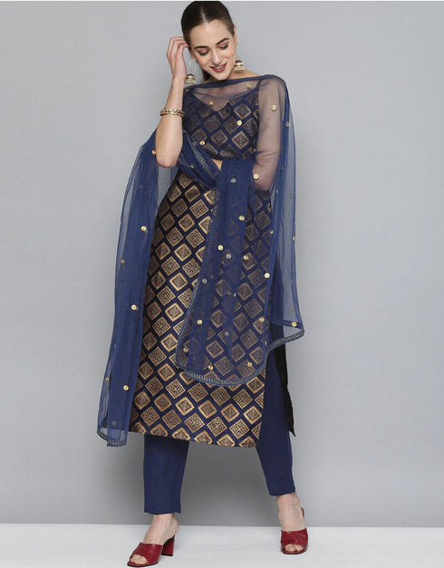 Navy Blue Silk Blend Pant Dress