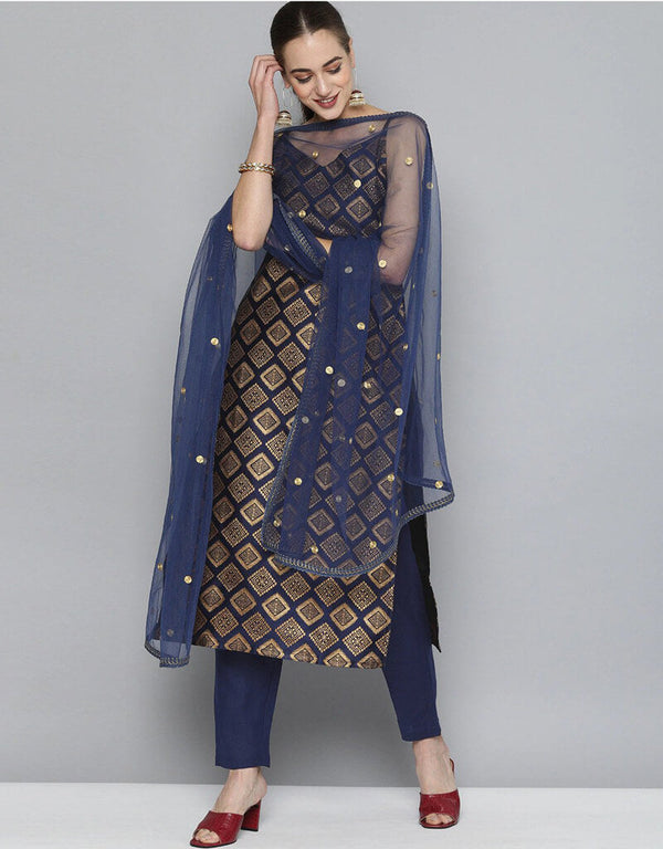 Navy Blue Silk Blend Pant Dress