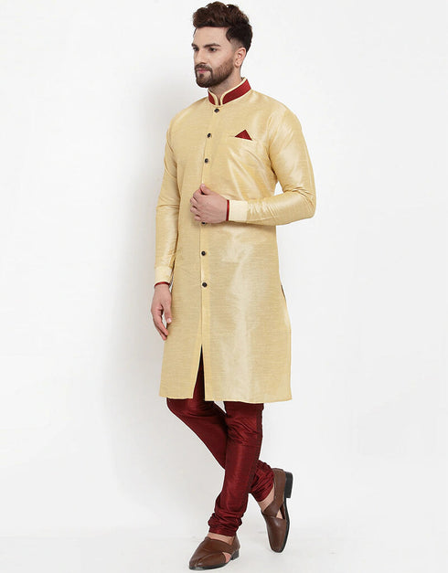 Cream Gold Kurta Banarasi Dhupion Silk Chudidaar Closure View