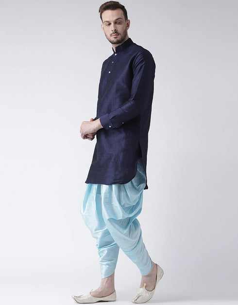 Navy Blue Kurta Art Dupion Dhoti Closure View