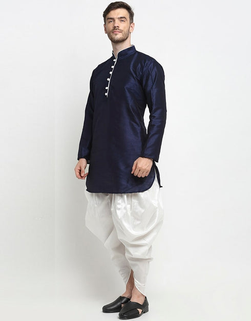 Navy Blue Kurta Art Dupion Dhoti Closure View
