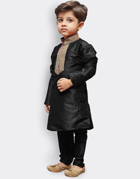 Black Kurta Pajama Art Dupion Closure View