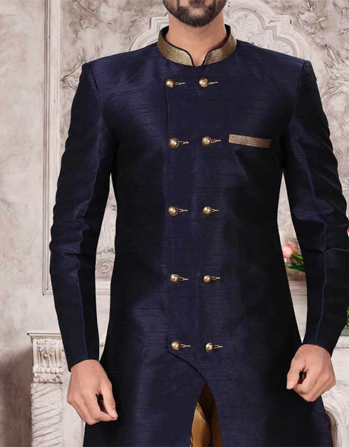 Navy Blue Kurta Dhupion Silk Dhoti Closure View