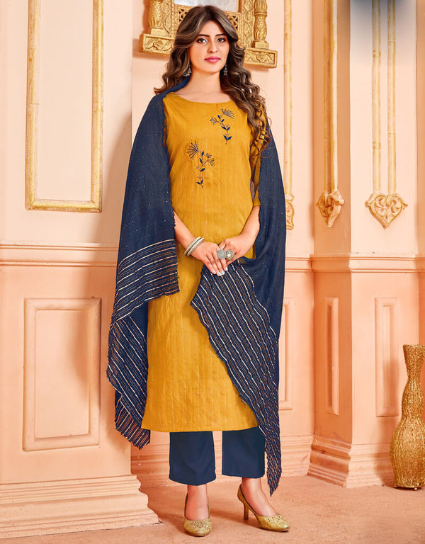 Mustard Handloom Imported Cotton Weaving Pant Suit