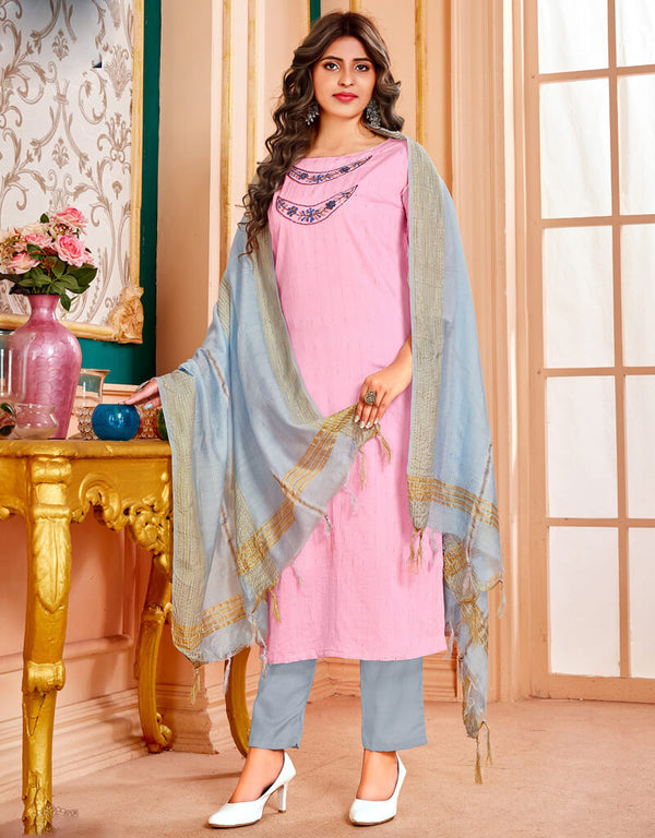 Light Pink Handloom Imported Cotton Weaving Pant Suit