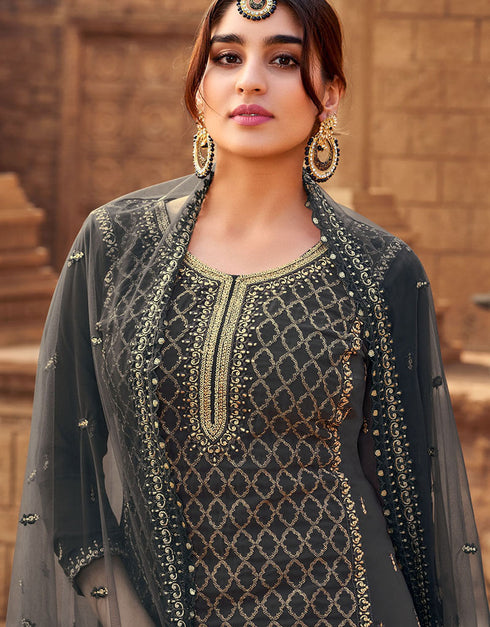 Grey Heavy Georgette Palazzo Straight Closure View
