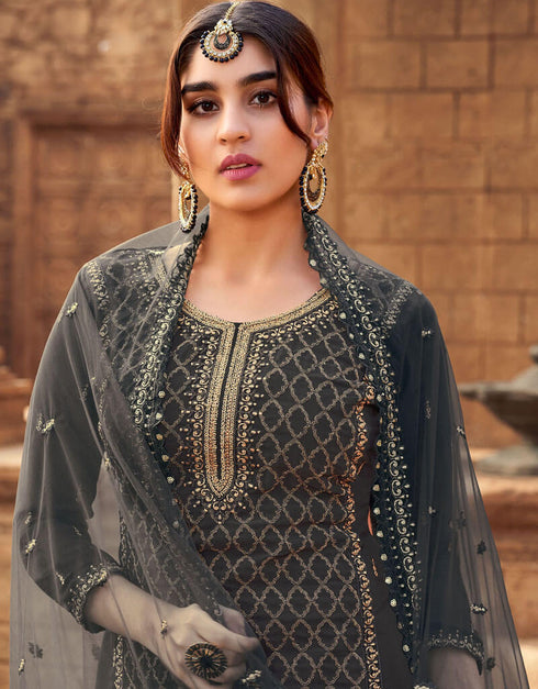 Grey Heavy Georgette Palazzo Straight Back View