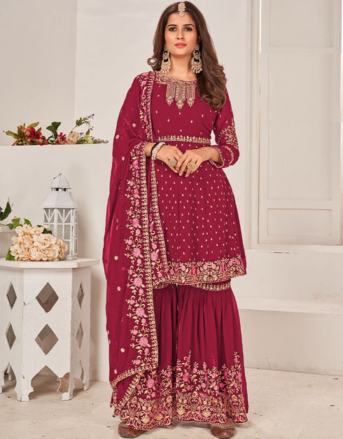 Maroon Sharara style Salwar Suit Faux Georgette Salwar Kameez in Embroidery, Sequins & Lace Work