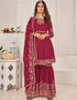Maroon Sharara style Salwar Suit Faux Georgette Salwar Kameez in Embroidery, Sequins & Lace Work
