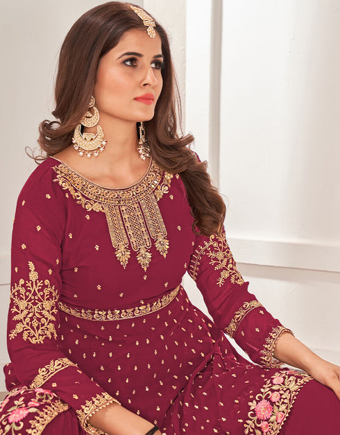 Maroon Sharara style Salwar Suit Faux Georgette Salwar Kameez in Embroidery, Sequins & Lace Work Closure View