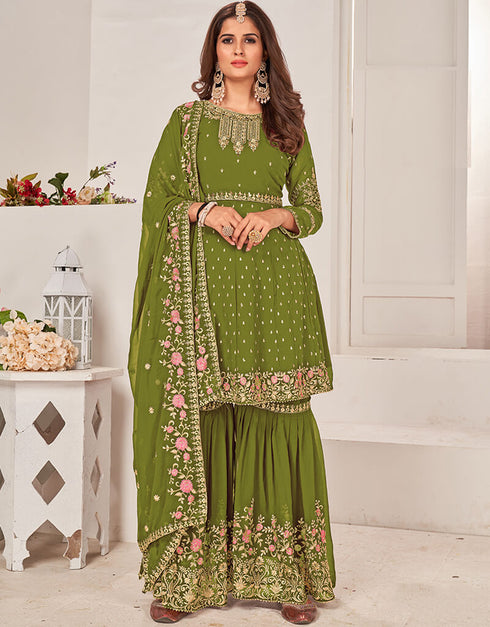 Green Sharara style Salwar Suit Faux Georgette Salwar Kameez in Embroidery, Sequins & Lace Work