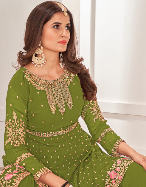 Green Sharara style Salwar Suit Faux Georgette Salwar Kameez in Embroidery, Sequins & Lace Work Closure View