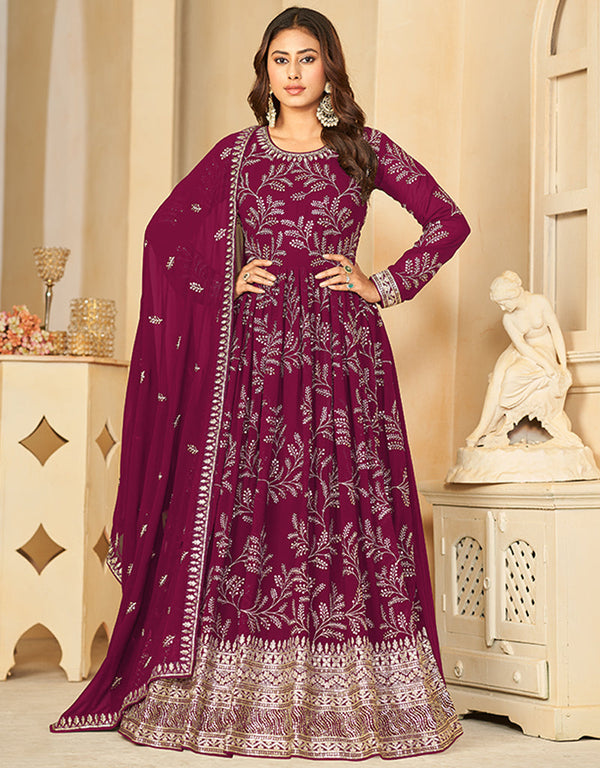 faux georgette heavy designer wedding wear gown with dupatta gown with embroidery work and pansy purple dupatta df-27-10275 Front View