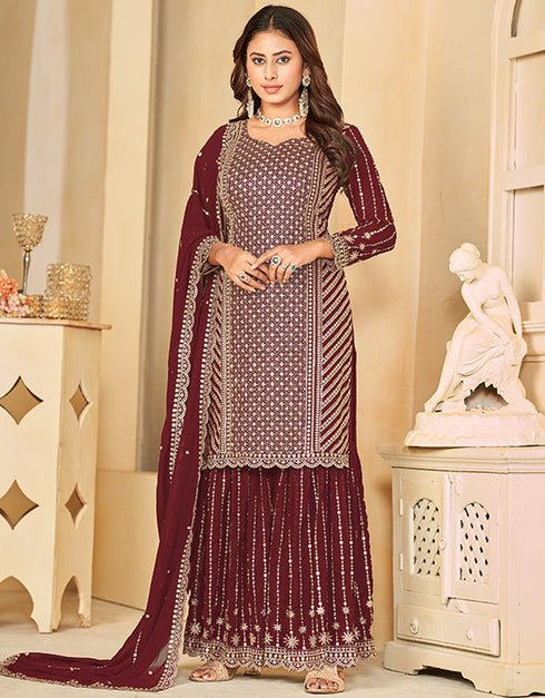 classy deep coffee faux georgette heavy designer wedding wear salwar suit with deep coffee faux georgette df-28-10284 Front View
