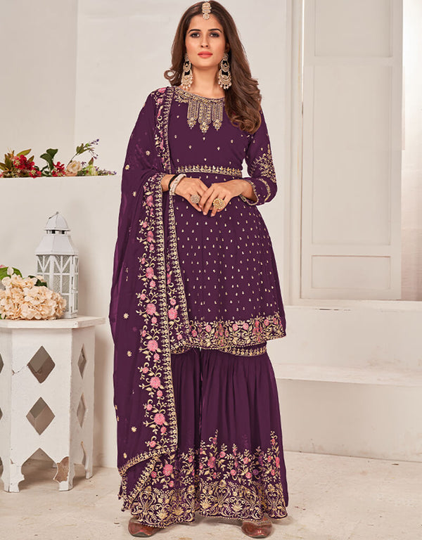 Purple Sharara style Salwar Suit Faux Georgette Salwar Kameez in Embroidery, Sequins & Lace Work