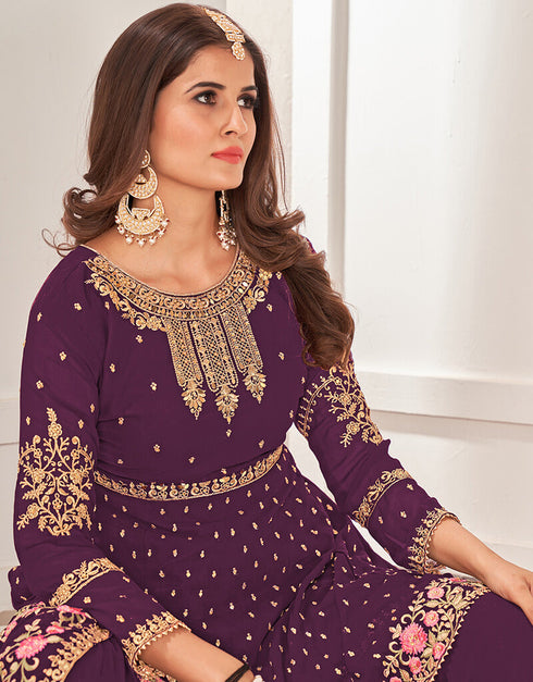 Purple Sharara style Salwar Suit Faux Georgette Salwar Kameez in Embroidery, Sequins & Lace Work Closure View