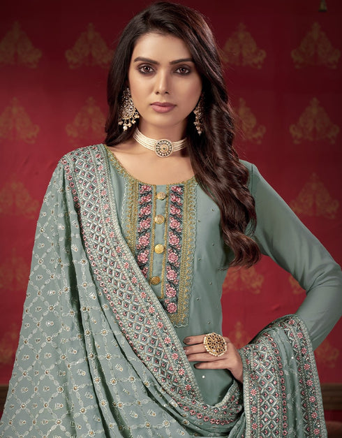 Greenish Grey Sharara style Suit Semi-Stitched Suits Salwar Kameez in Heavy Embroidery & Lace Work Closure View Embroidery