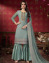 Greenish Grey Sharara style Suit Semi-Stitched Suits Salwar Kameez in Heavy Embroidery & Lace Work