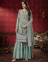Greenish Grey Sharara style Suit Semi-Stitched Suits Salwar Kameez in Heavy Embroidery & Lace Work Closure View
