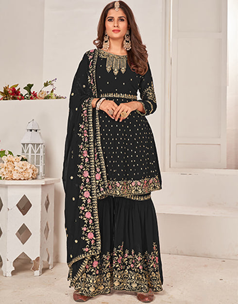 Black Sharara style Salwar Suit Faux Georgette Salwar Kameez in Embroidery, Sequins & Lace Work